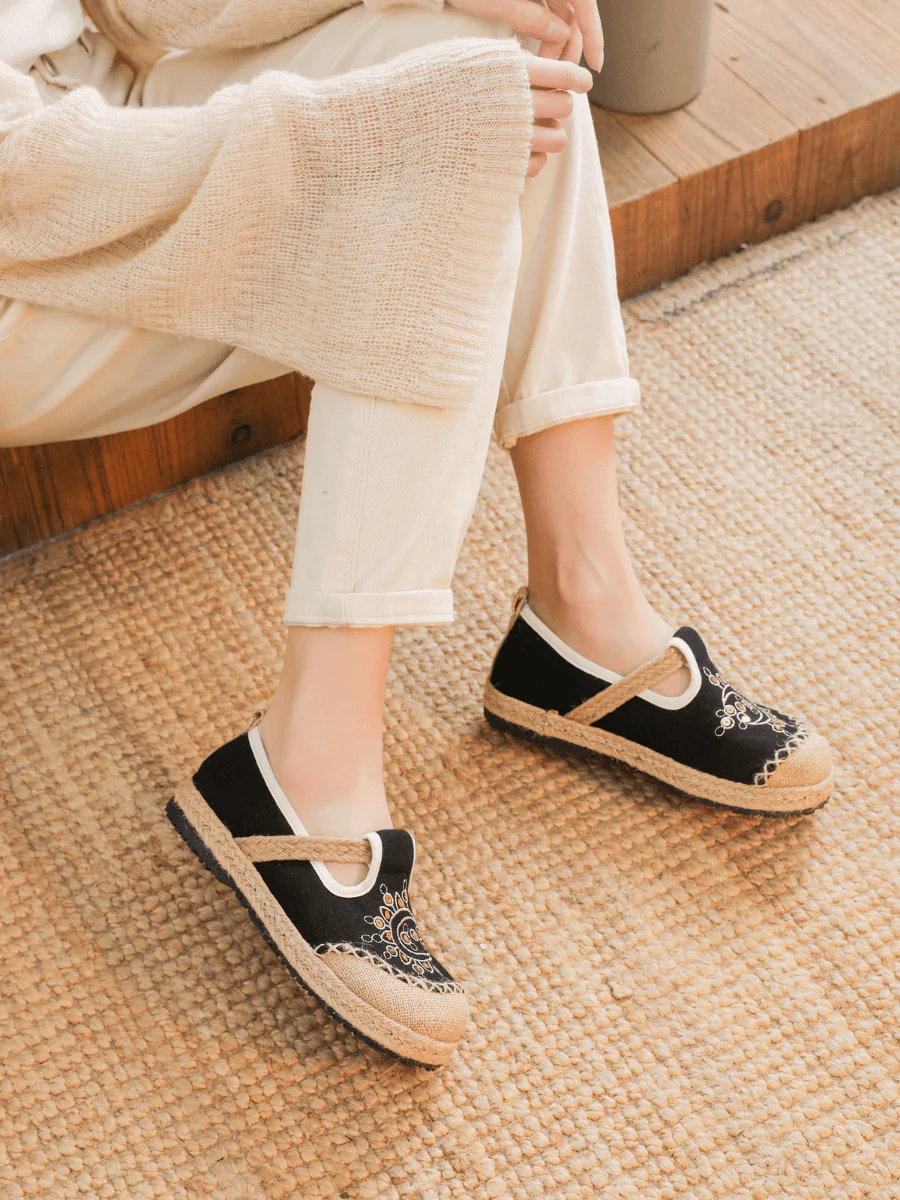 Cactus Rose | Blooming Moon Embroidered Linen Espadrilles - Black - Image 2