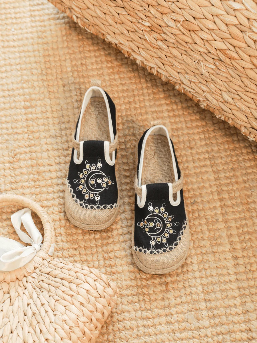 Cactus Rose | Blooming Moon Embroidered Linen Espadrilles - Black - Image 3