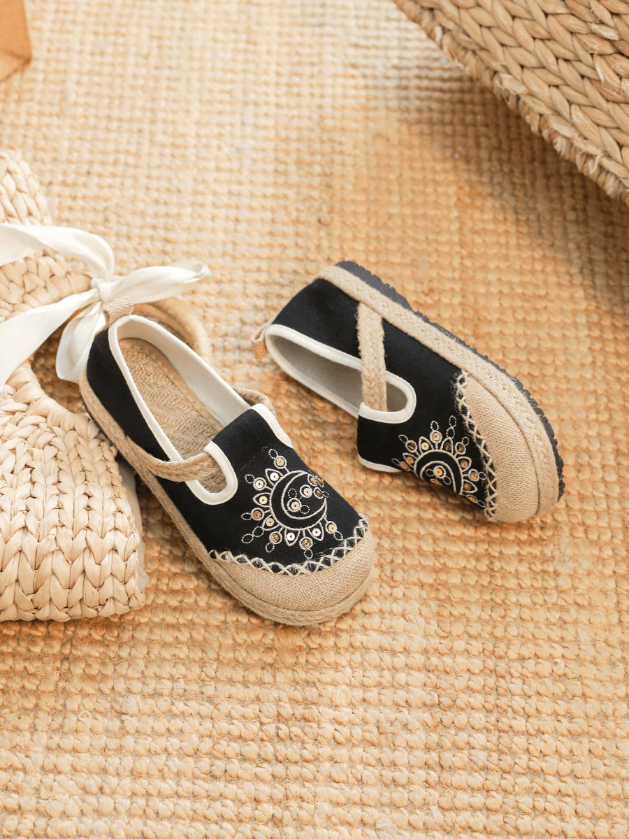 Cactus Rose | Blooming Moon Embroidered Linen Espadrilles - Black - Image 5