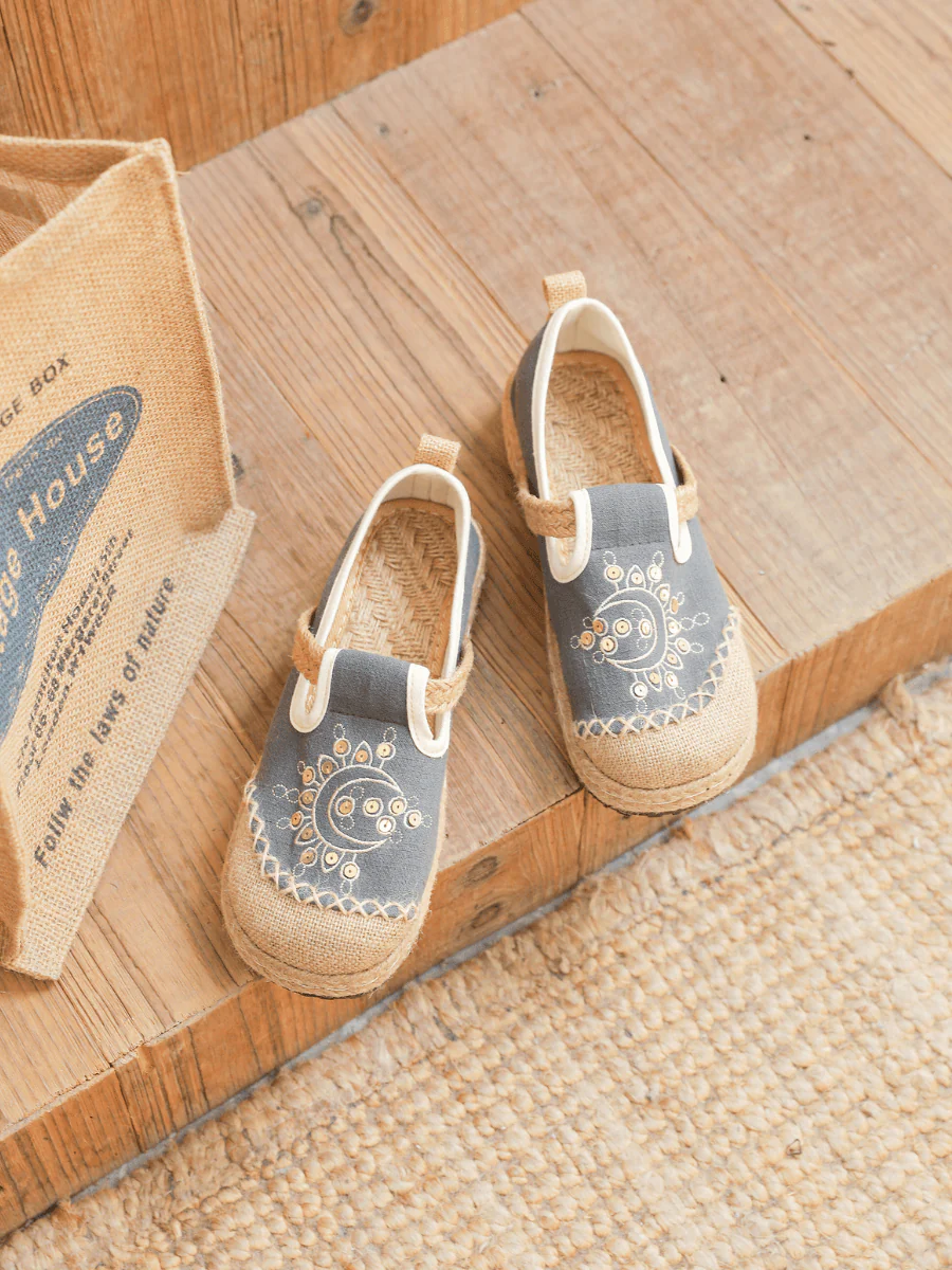 Cactus Rose | Blooming Moon Embroidered Linen Espadrilles - Grey