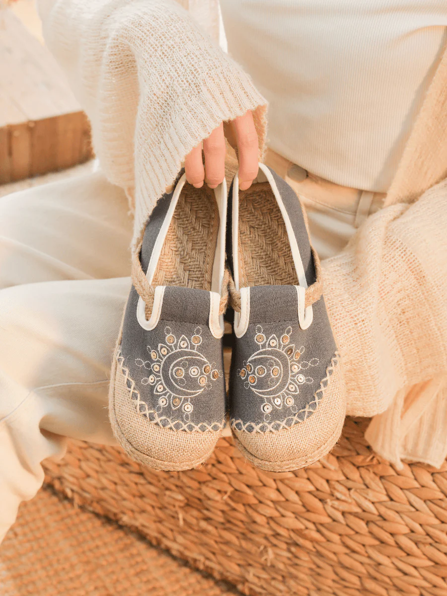 Cactus Rose | Blooming Moon Embroidered Linen Espadrilles - Grey - Image 3
