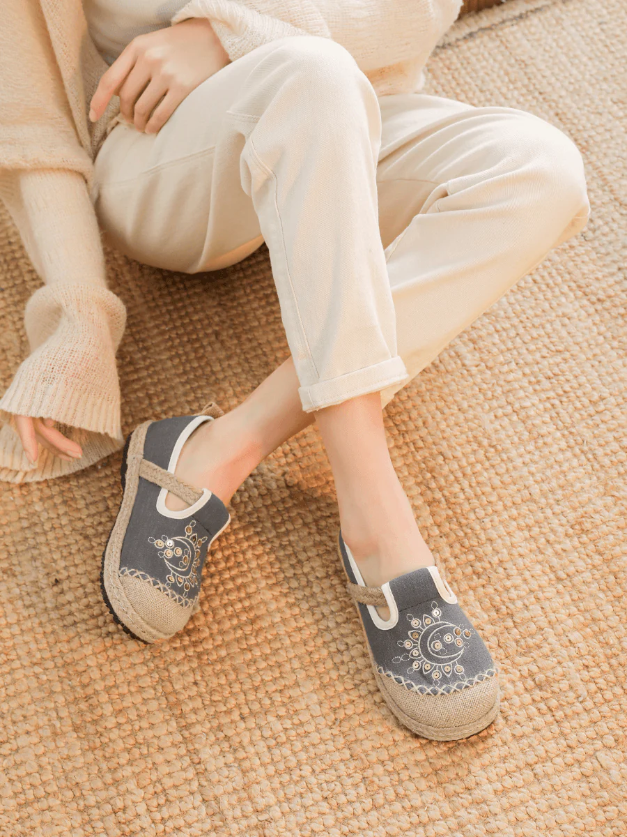 Cactus Rose | Blooming Moon Embroidered Linen Espadrilles - Grey - Image 4