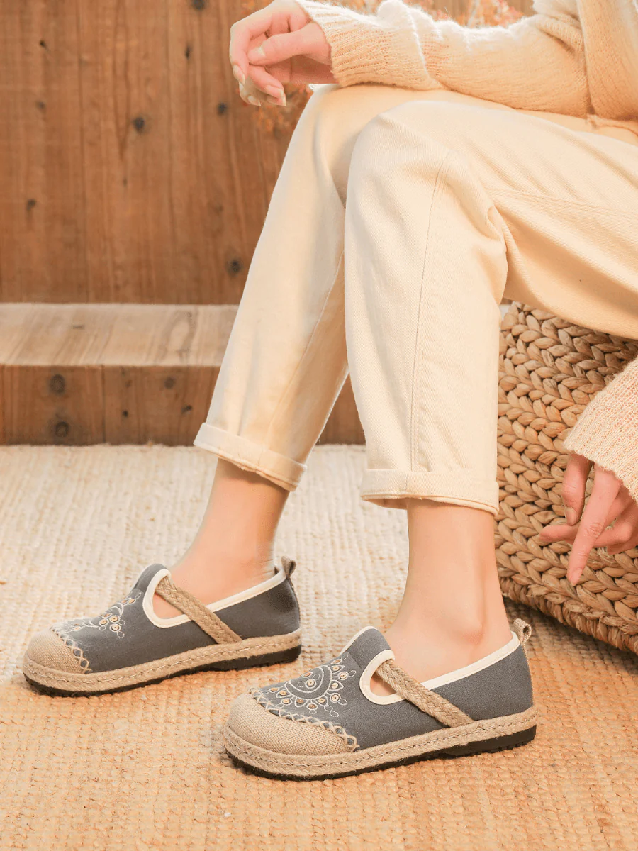 Cactus Rose | Blooming Moon Embroidered Linen Espadrilles - Grey - Image 5