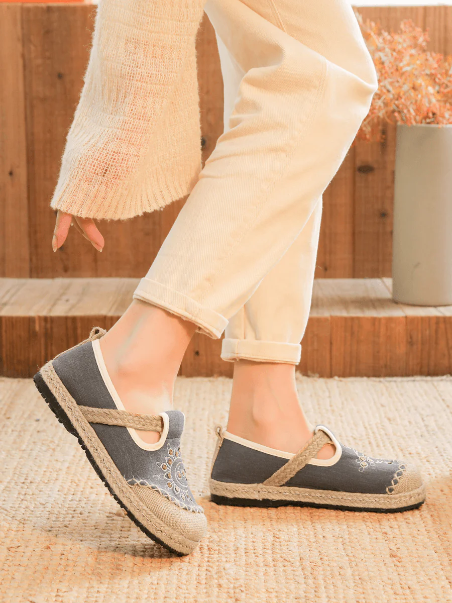 Cactus Rose | Blooming Moon Embroidered Linen Espadrilles - Grey - Image 6