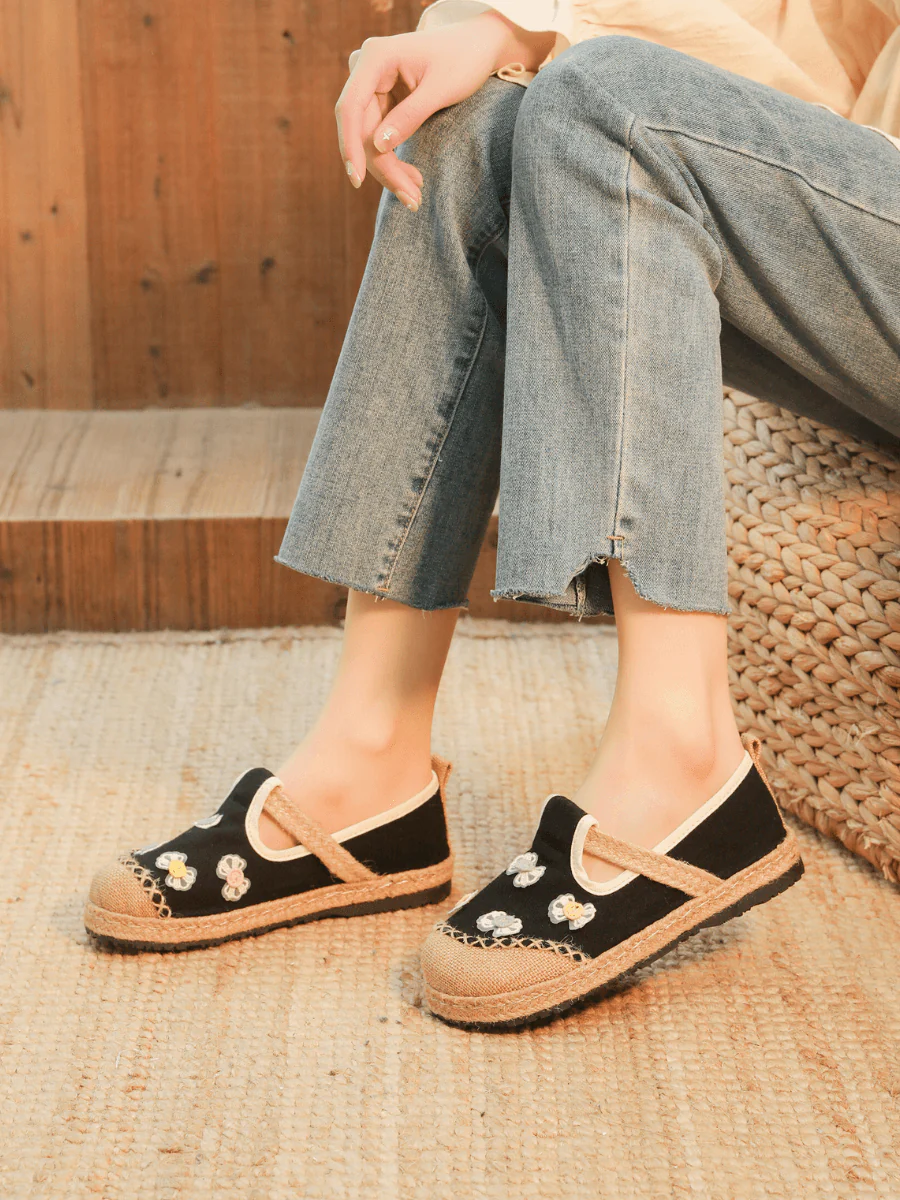 CACTUS ROSE | CHARLIZE BOW TIE APPLIQUE LINEN LOAFER - BLACK