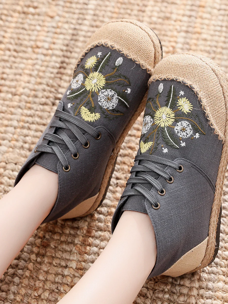 Cactus Rose | Embroidered Dandelion Round Toe Hi-Top Sneakers Espadrilles - Image 5