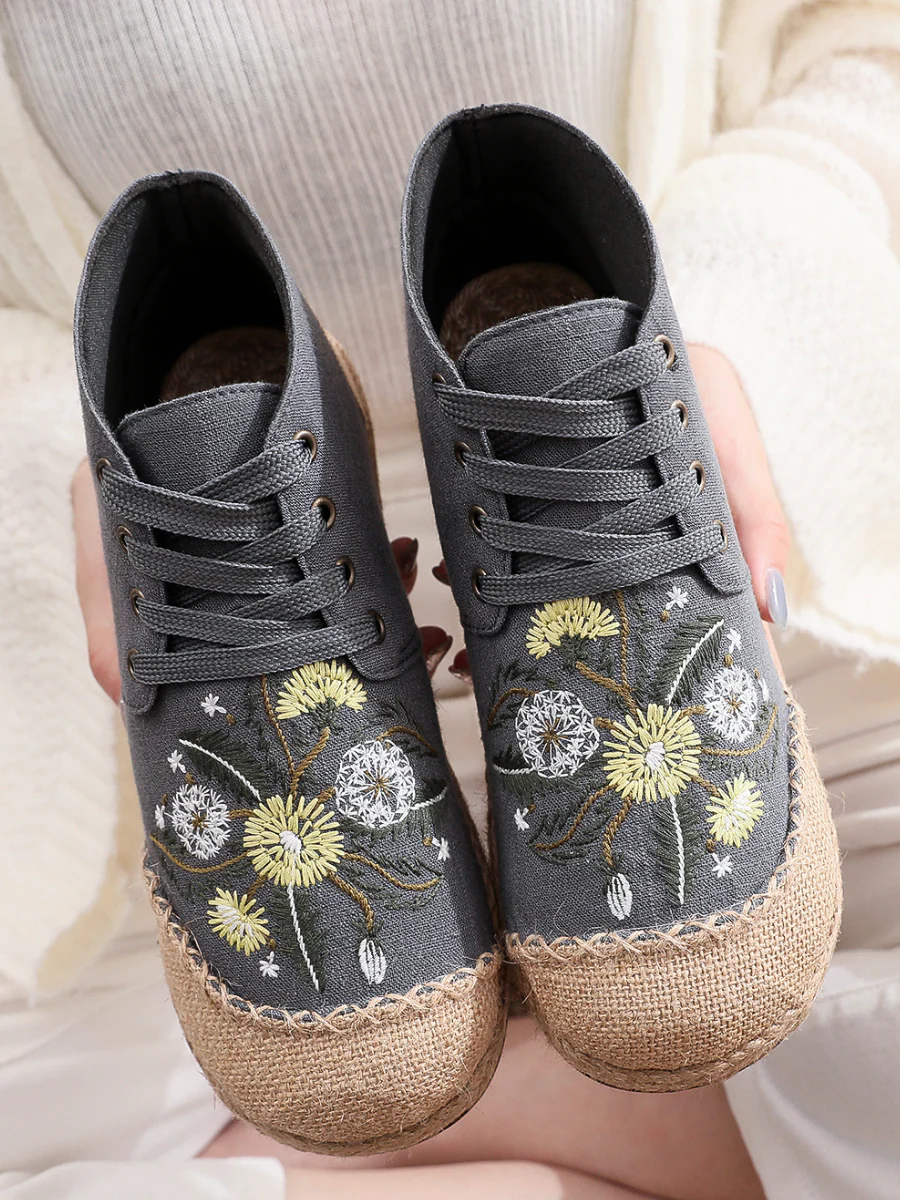 Cactus Rose | Embroidered Dandelion Round Toe Hi-Top Sneakers Espadrilles - Image 6