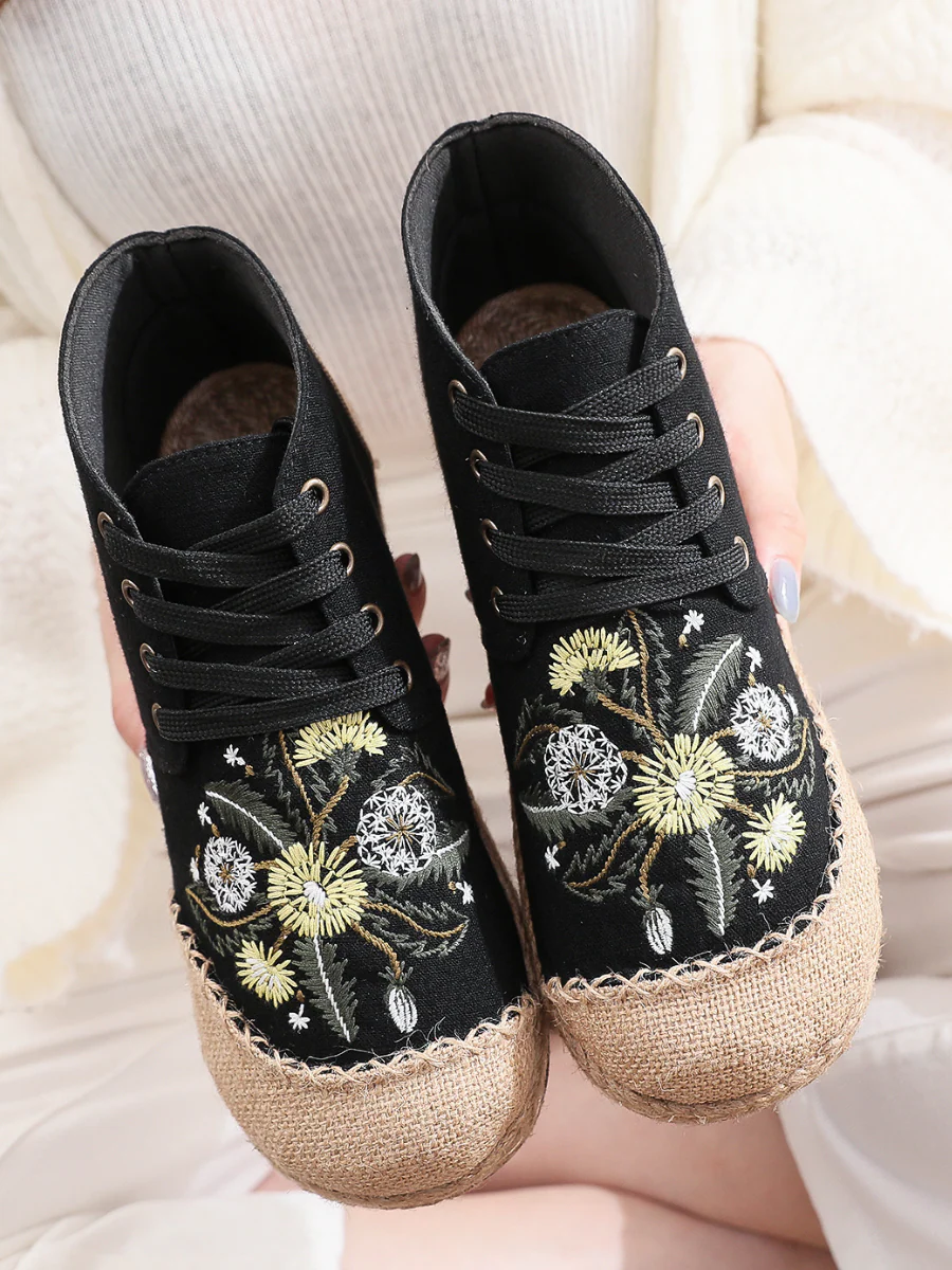 Cactus Rose | Embroidered Dandelion Round Toe Hi-Top Sneakers Espadrilles - Image 9