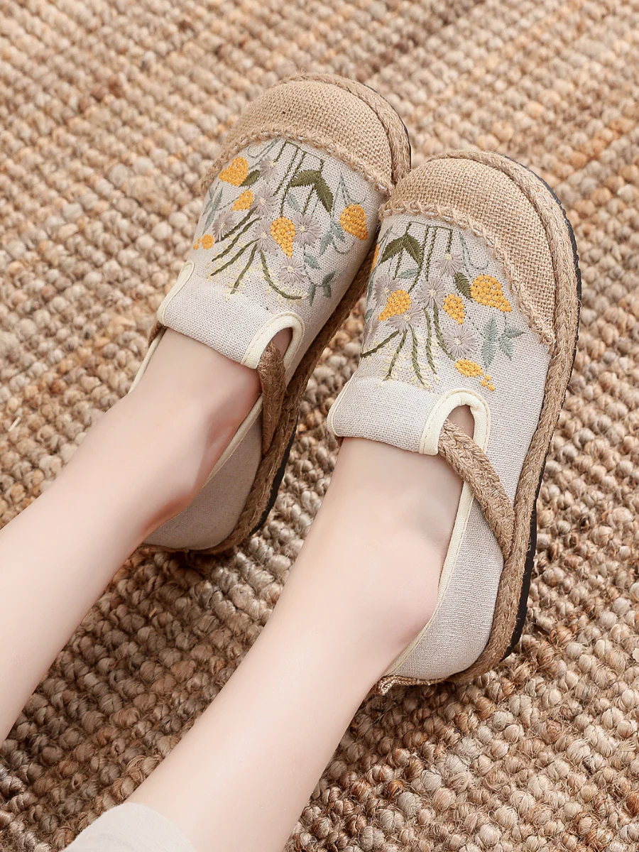 Cactus Rose | Field Corn Embroidered Round Toe Linen Espadrilles - Beige - Image 4