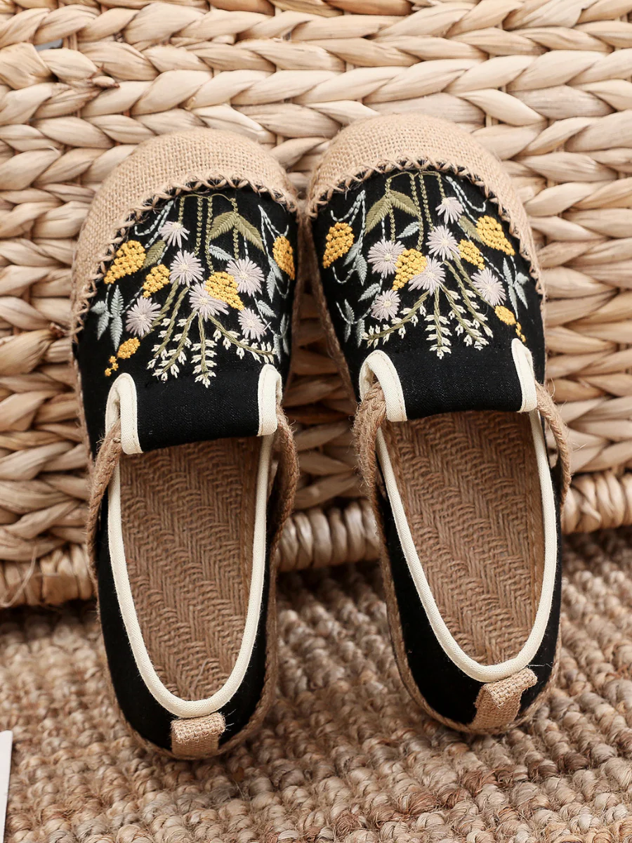 Cactus Rose | Field Corn Embroidered Linen Round Toe Espadrilles Loafers - Black - Image 6