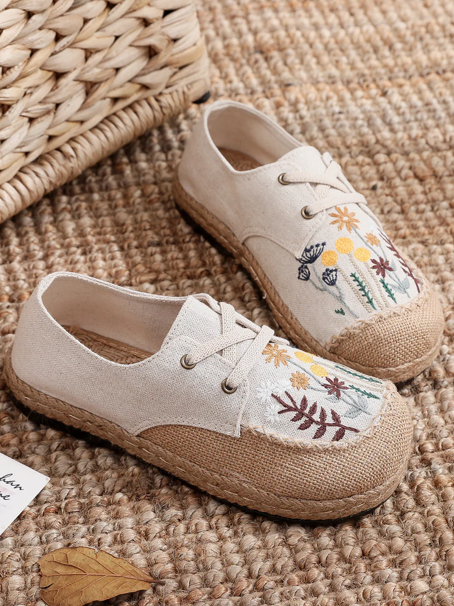 Cactus Rose | Garden Embroidered Linen Boat Shoes Espadrilles - Beige - Image 3