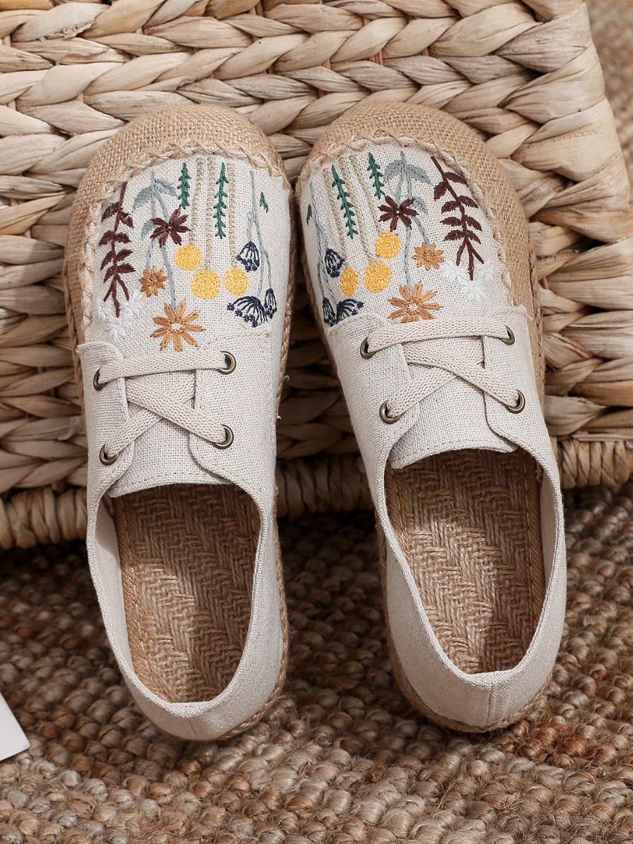Cactus Rose | Garden Embroidered Linen Boat Shoes Espadrilles - Beige - Image 4