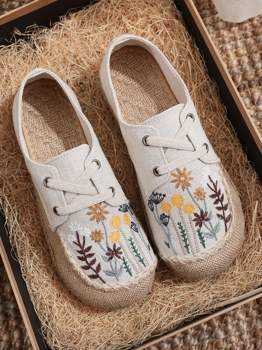 Cactus Rose | Garden Embroidered Linen Boat Shoes Espadrilles - Beige - Image 5