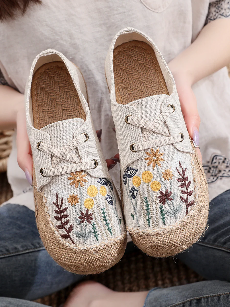 Cactus Rose | Garden Embroidered Linen Boat Shoes Espadrilles - Beige - Image 6