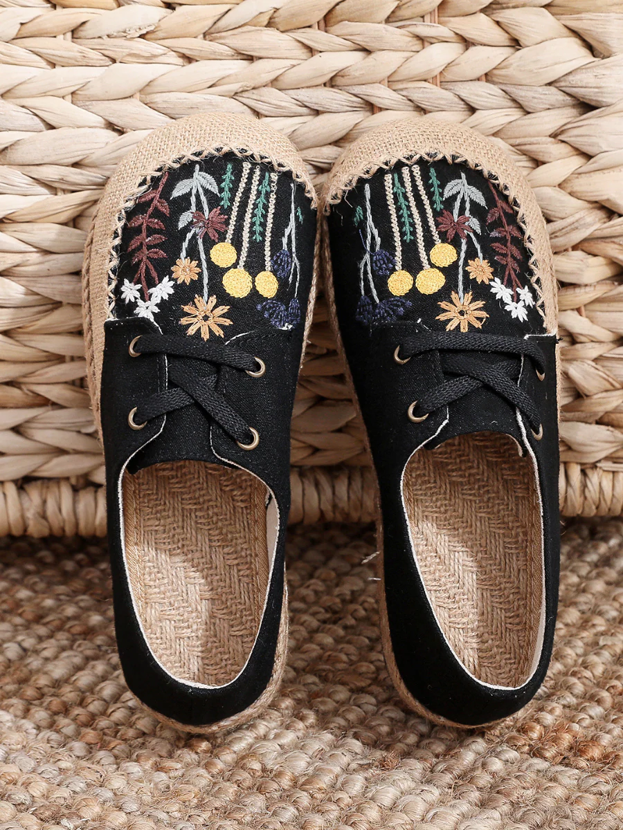 Cactus Rose | Garden Embroidered Linen Boat Shoes Espadrilles - Black - Image 3