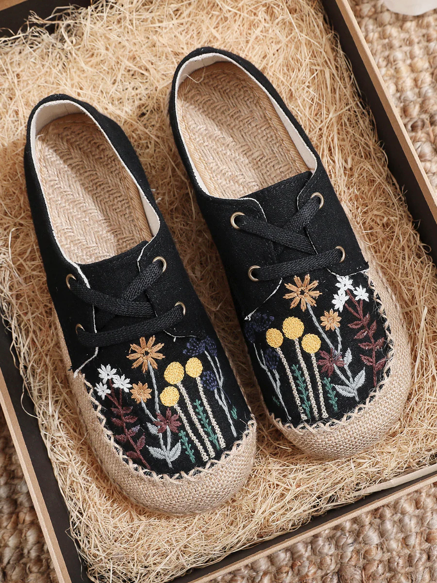 Cactus Rose | Garden Embroidered Linen Boat Shoes Espadrilles - Black - Image 4