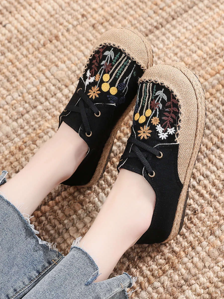 Cactus Rose | Garden Embroidered Linen Boat Shoes Espadrilles - Black - Image 5