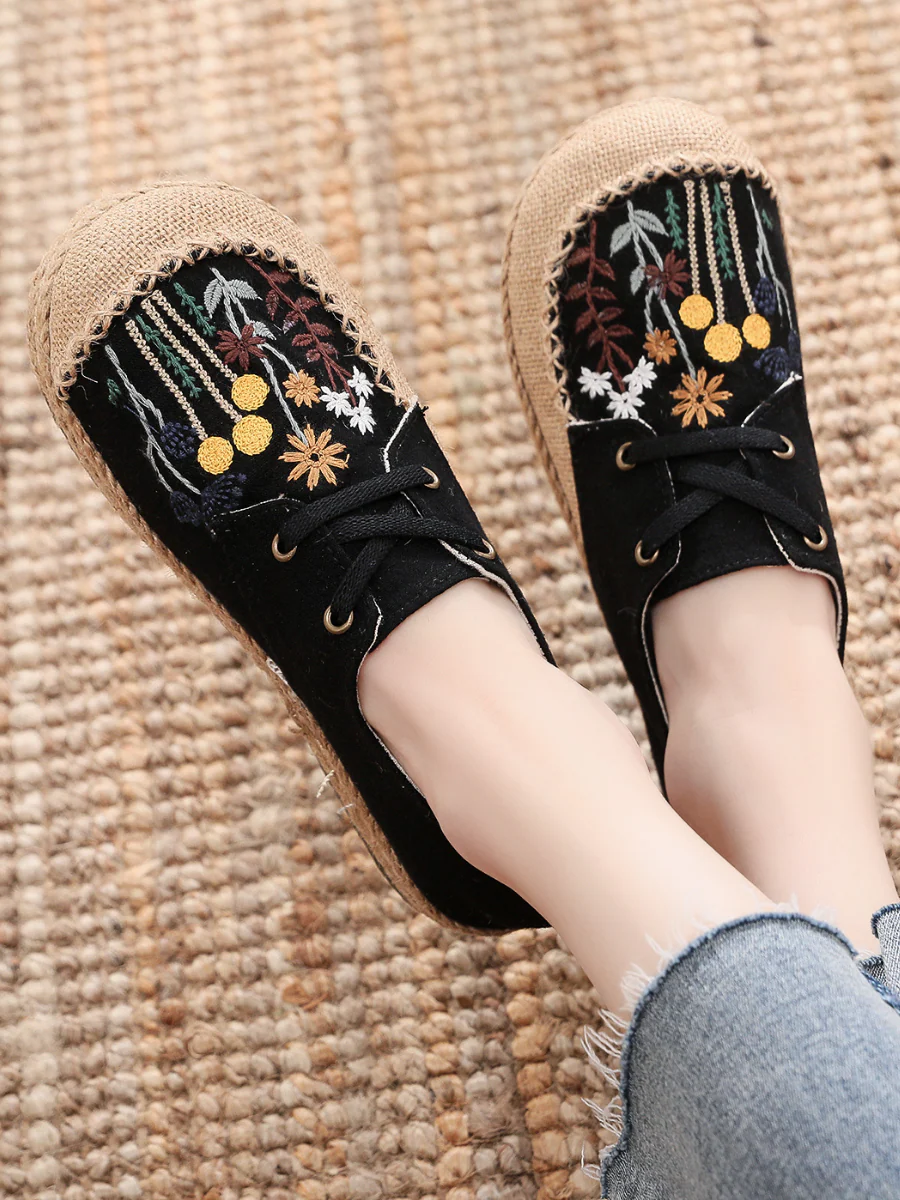 Cactus Rose | Garden Embroidered Linen Boat Shoes Espadrilles - Black - Image 6