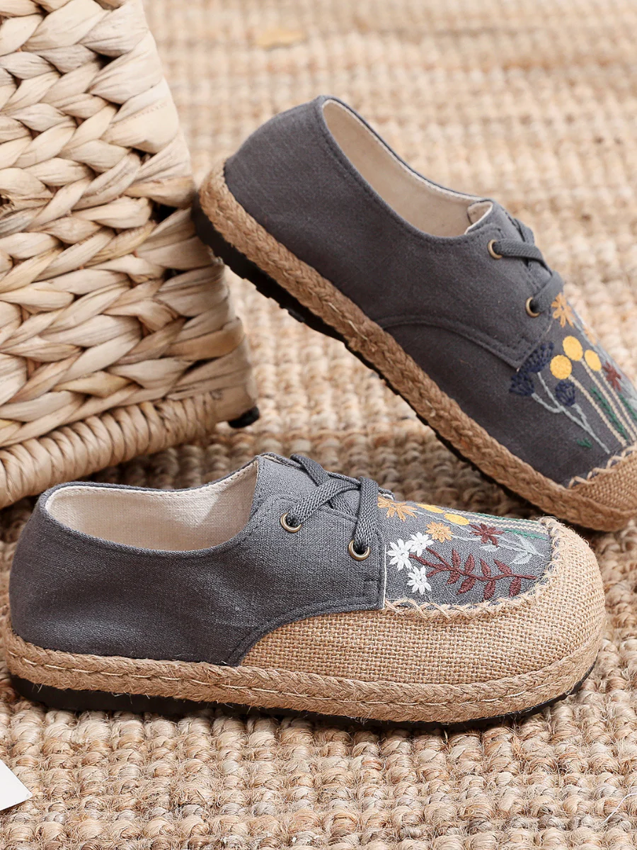 Cactus Rose | Garden Embroidered Linen Boat Shoes Espadrilles - Grey - Image 3