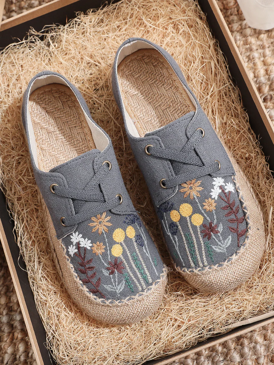 Cactus Rose | Garden Embroidered Linen Boat Shoes Espadrilles - Grey - Image 4