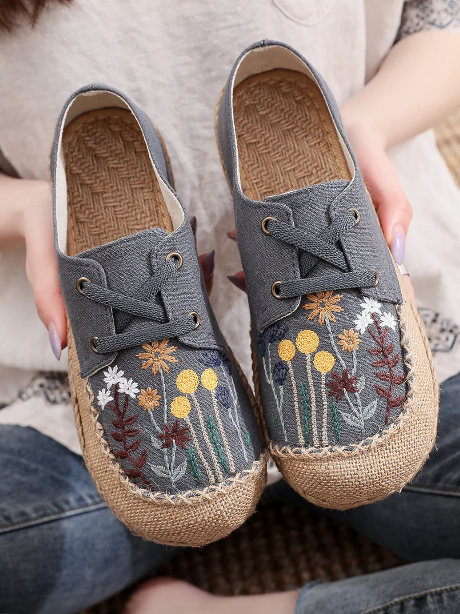 Cactus Rose | Garden Embroidered Linen Boat Shoes Espadrilles - Grey - Image 5
