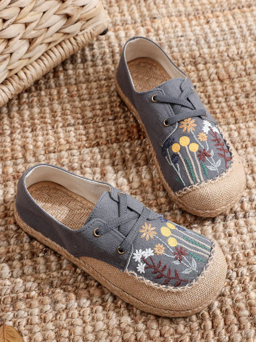 Cactus Rose | Garden Embroidered Linen Boat Shoes Espadrilles - Grey - Image 6