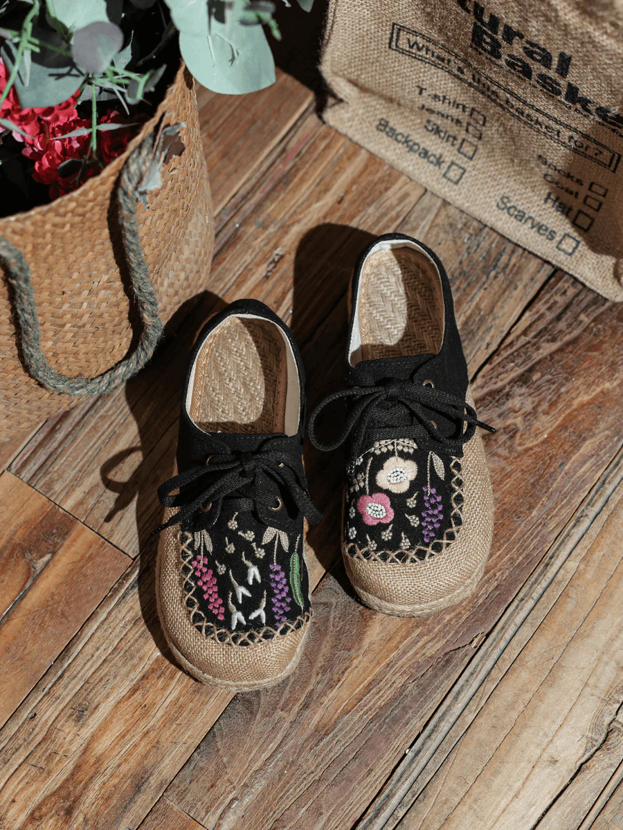 CACTUS ROSE | GARDEN EMBROIDERED LINEN ESPADRILLE SNEAKER - BLACK - Image 2