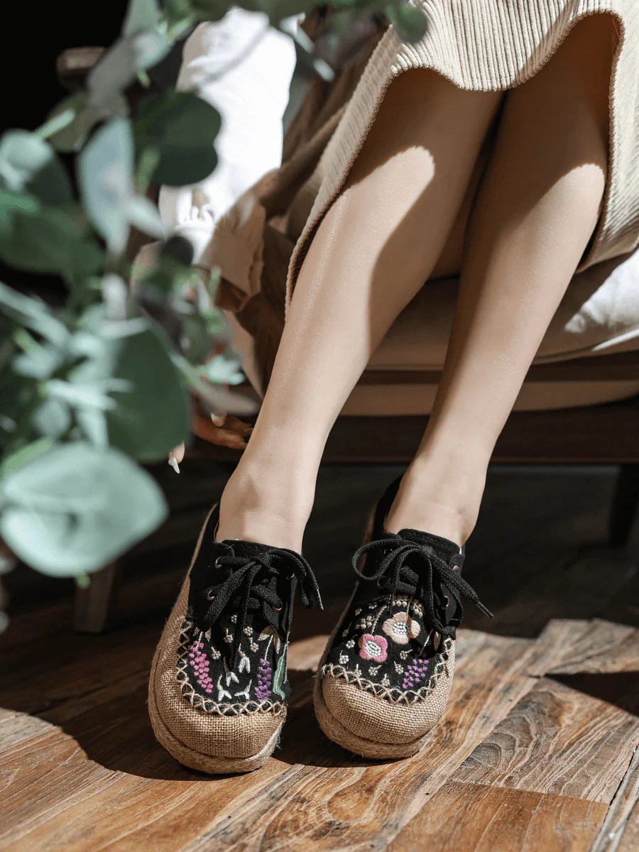 CACTUS ROSE | GARDEN EMBROIDERED LINEN ESPADRILLE SNEAKER - BLACK - Image 4