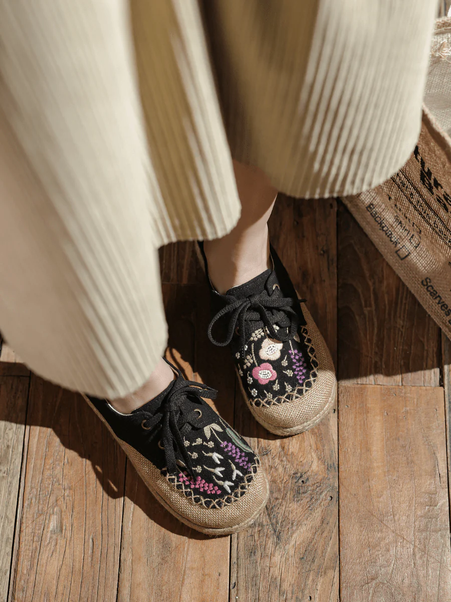 CACTUS ROSE | GARDEN EMBROIDERED LINEN ESPADRILLE SNEAKER - BLACK - Image 6