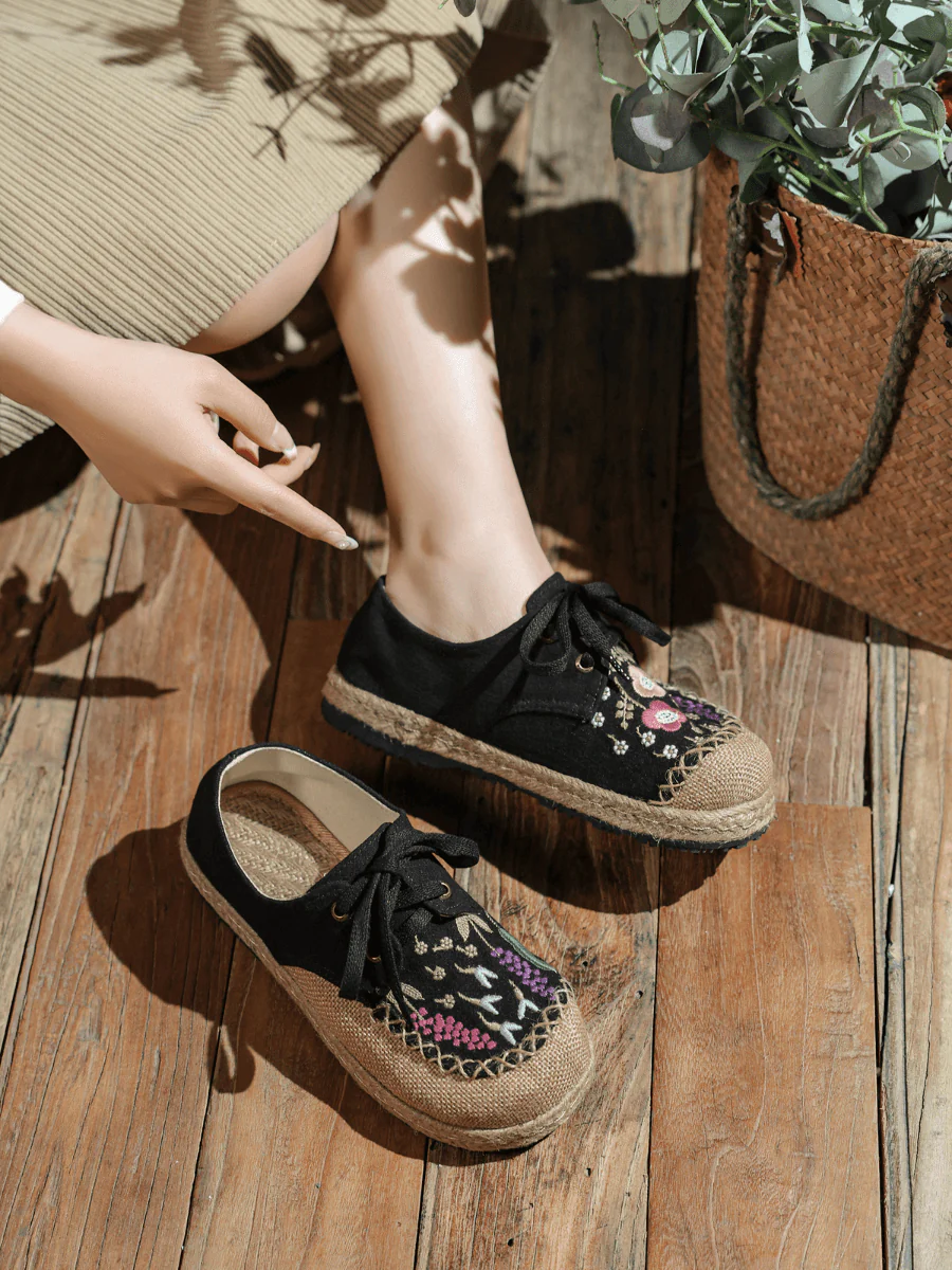 CACTUS ROSE | GARDEN EMBROIDERED LINEN ESPADRILLE SNEAKER - BLACK - Image 8