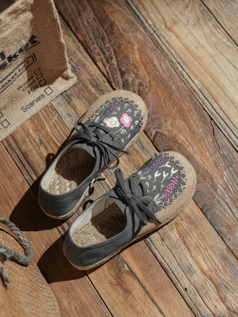 CACTUS ROSE | GARDEN EMBROIDERED LINEN ESPADRILLE SNEAKER - GREY - Image 8