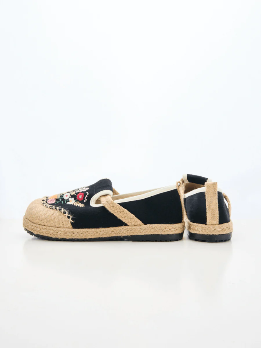 Cactus Rose | Gemma Floral Embroidered Linen Espadrilles - Black - Image 10