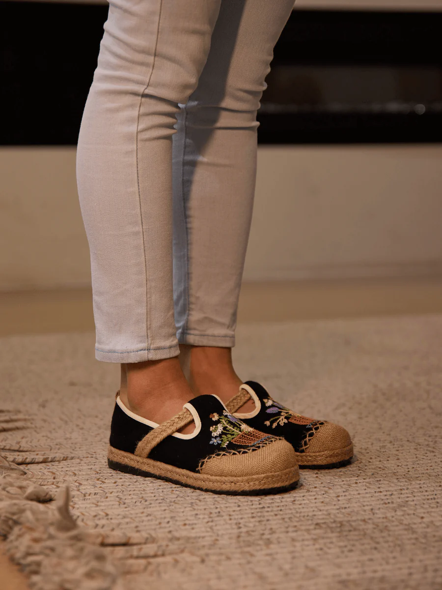 Cactus Rose | Gemma Floral Embroidered Linen Espadrilles - Black - Image 3