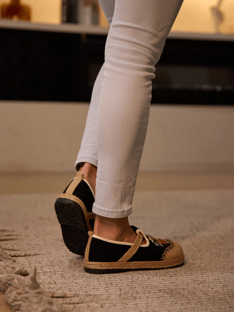 Cactus Rose | Gemma Floral Embroidered Linen Espadrilles - Black - Image 5