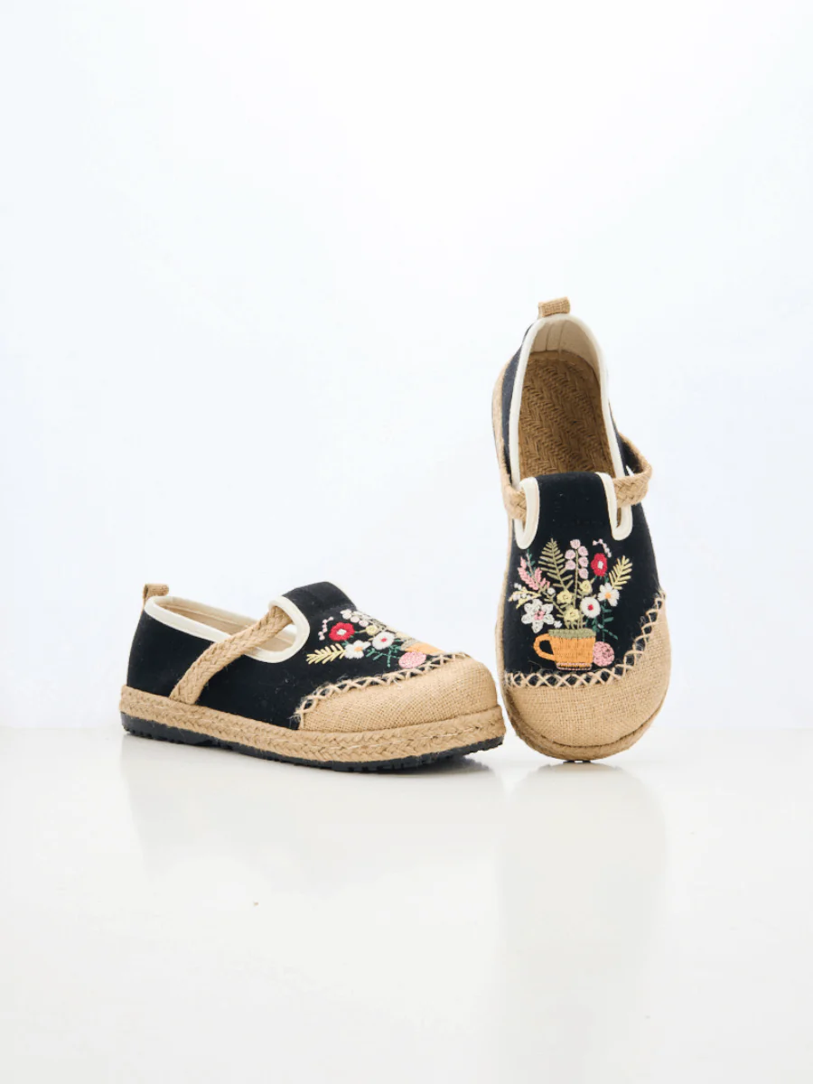 Cactus Rose | Gemma Floral Embroidered Linen Espadrilles - Black - Image 8