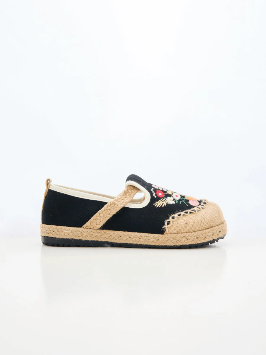 Cactus Rose | Gemma Floral Embroidered Linen Espadrilles - Black - Image 9