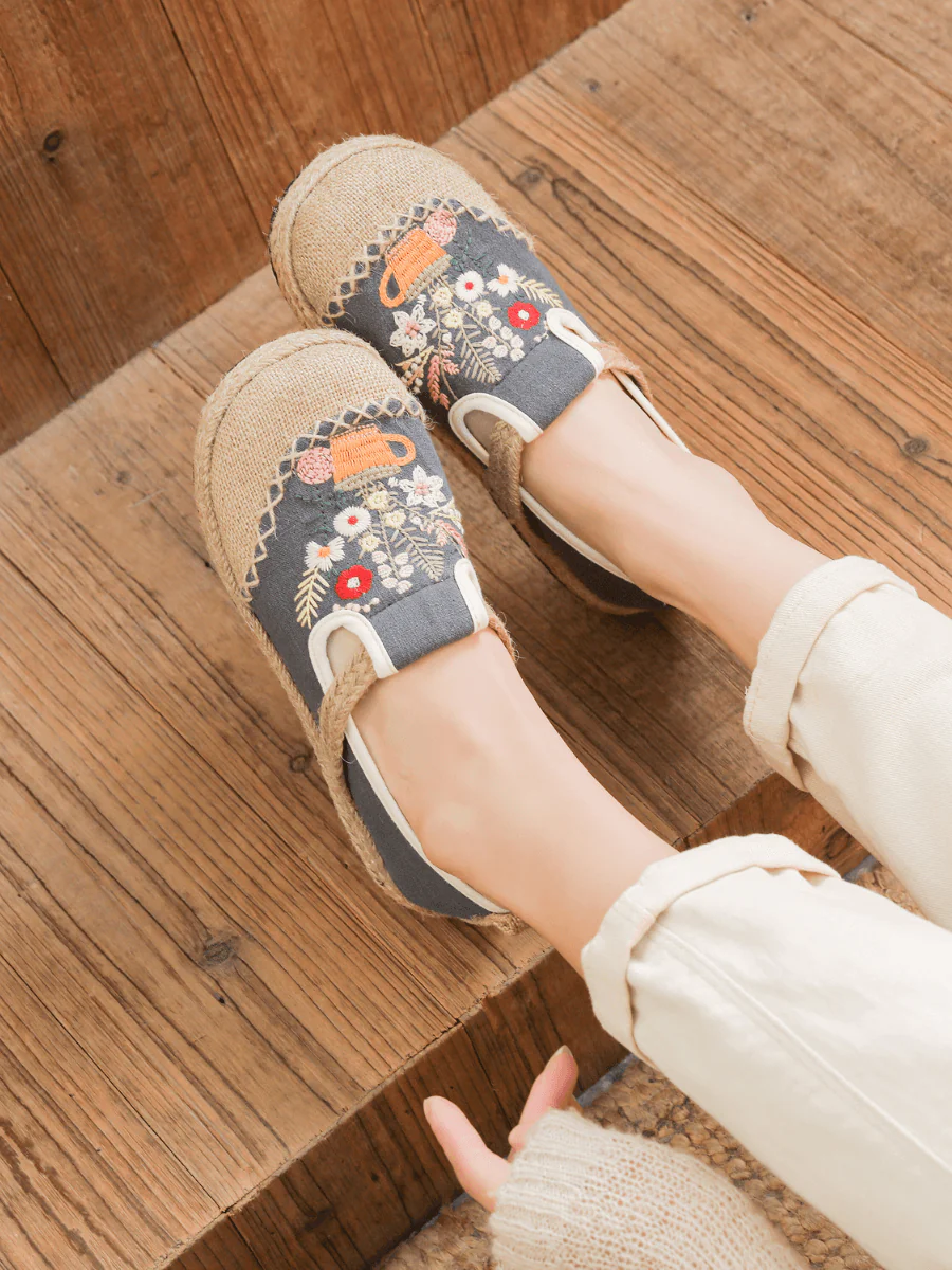 Cactus Rose | Gemma Floral Embroidered Linen Espadrilles - Grey - Image 2
