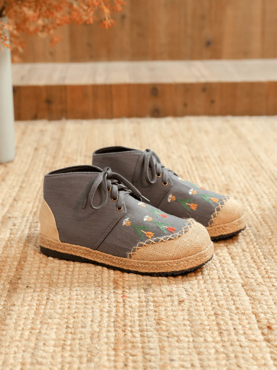 CACTUS ROSE | GREY RETRO EMBROIDERED LINEN SNEAKER - Image 2