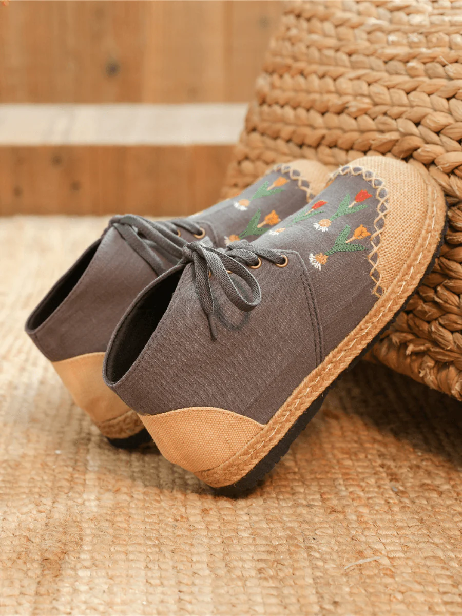 CACTUS ROSE | GREY RETRO EMBROIDERED LINEN SNEAKER - Image 3