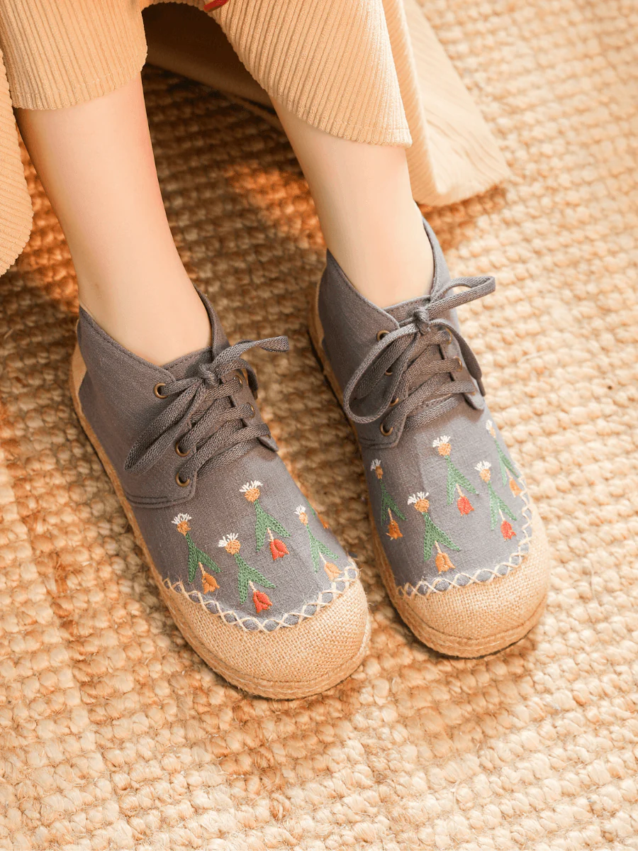 CACTUS ROSE | GREY RETRO EMBROIDERED LINEN SNEAKER - Image 5