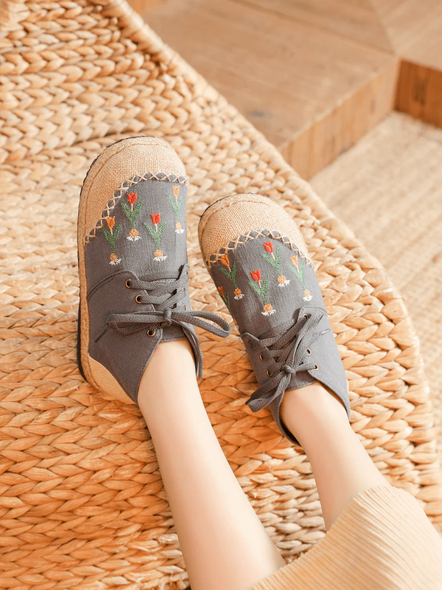 CACTUS ROSE | GREY RETRO EMBROIDERED LINEN SNEAKER - Image 6