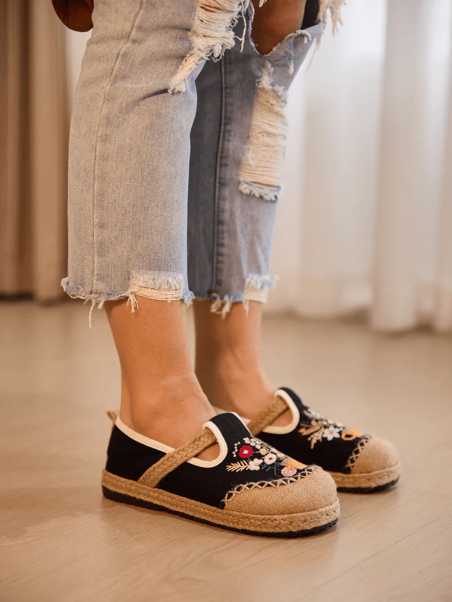 Cactus Rose | Kahului Embroidered Linen Espadrilles - Black - Image 2