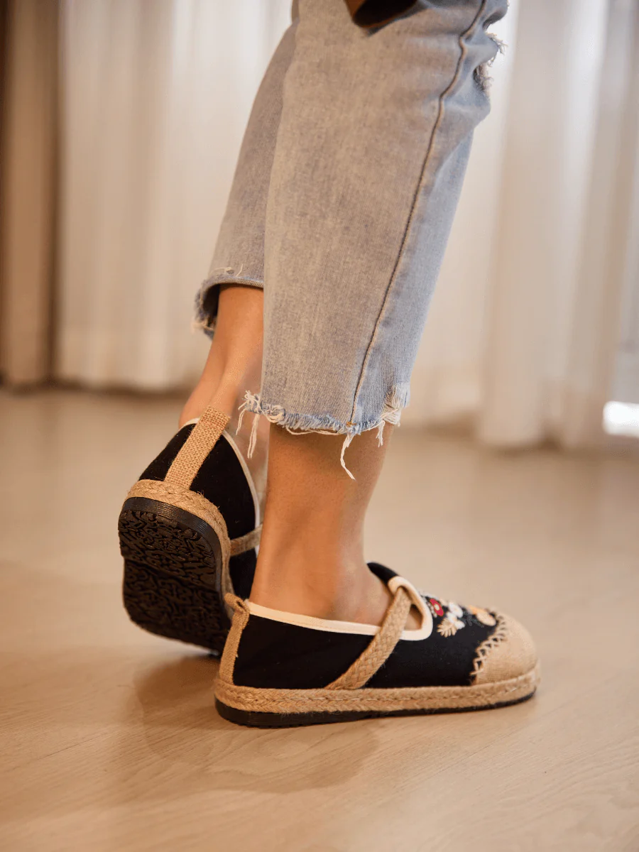 Cactus Rose | Kahului Embroidered Linen Espadrilles - Black - Image 3