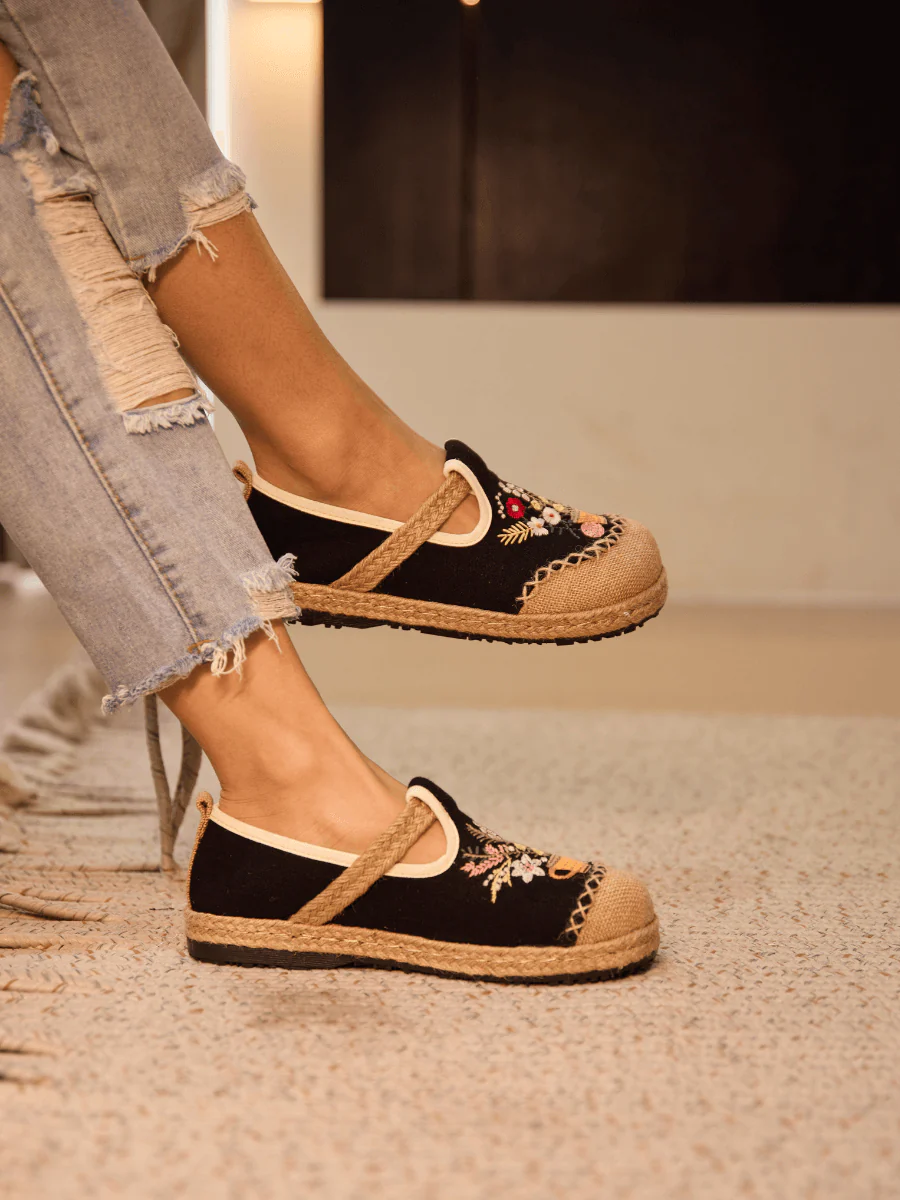 Cactus Rose | Kahului Embroidered Linen Espadrilles - Black - Image 4