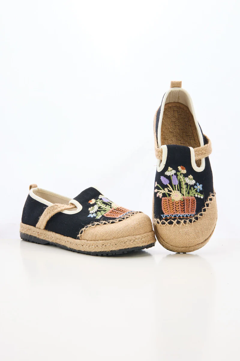 Cactus Rose | Kahului Embroidered Linen Espadrilles - Black - Image 7