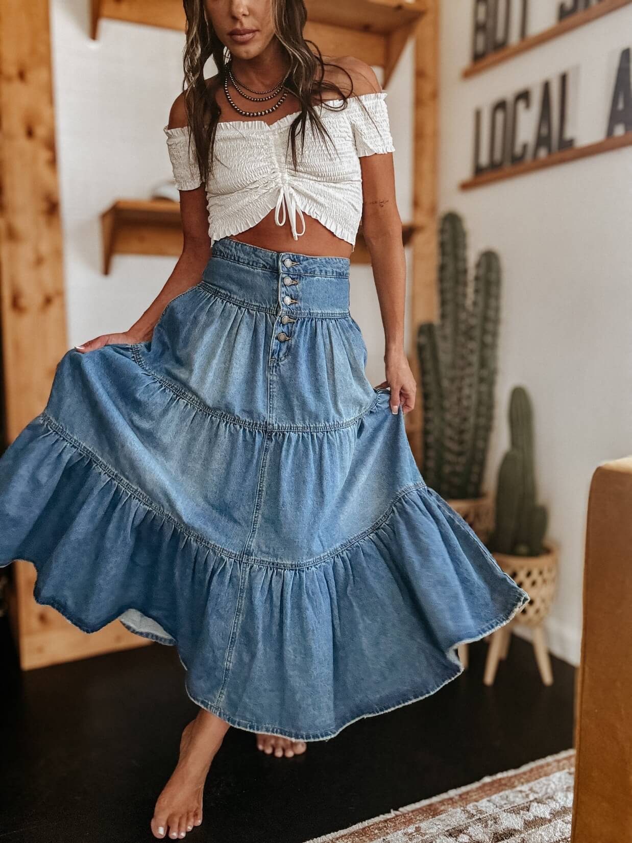 Cactus Rose Love Pleated Denim Maxi Skirt - Image 2