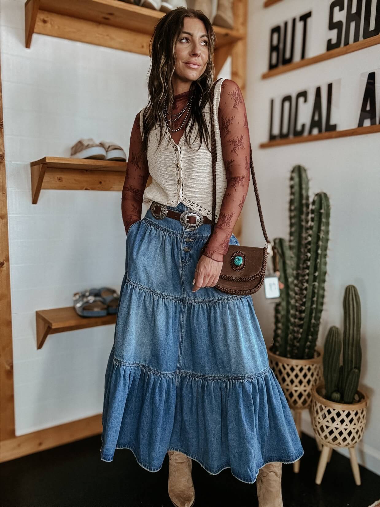 Cactus Rose Love Pleated Denim Maxi Skirt - Image 4