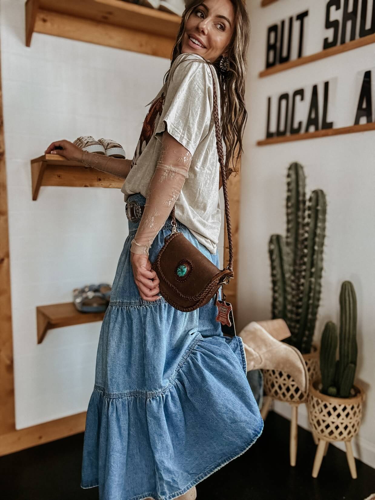 Cactus Rose Love Pleated Denim Maxi Skirt - Image 5