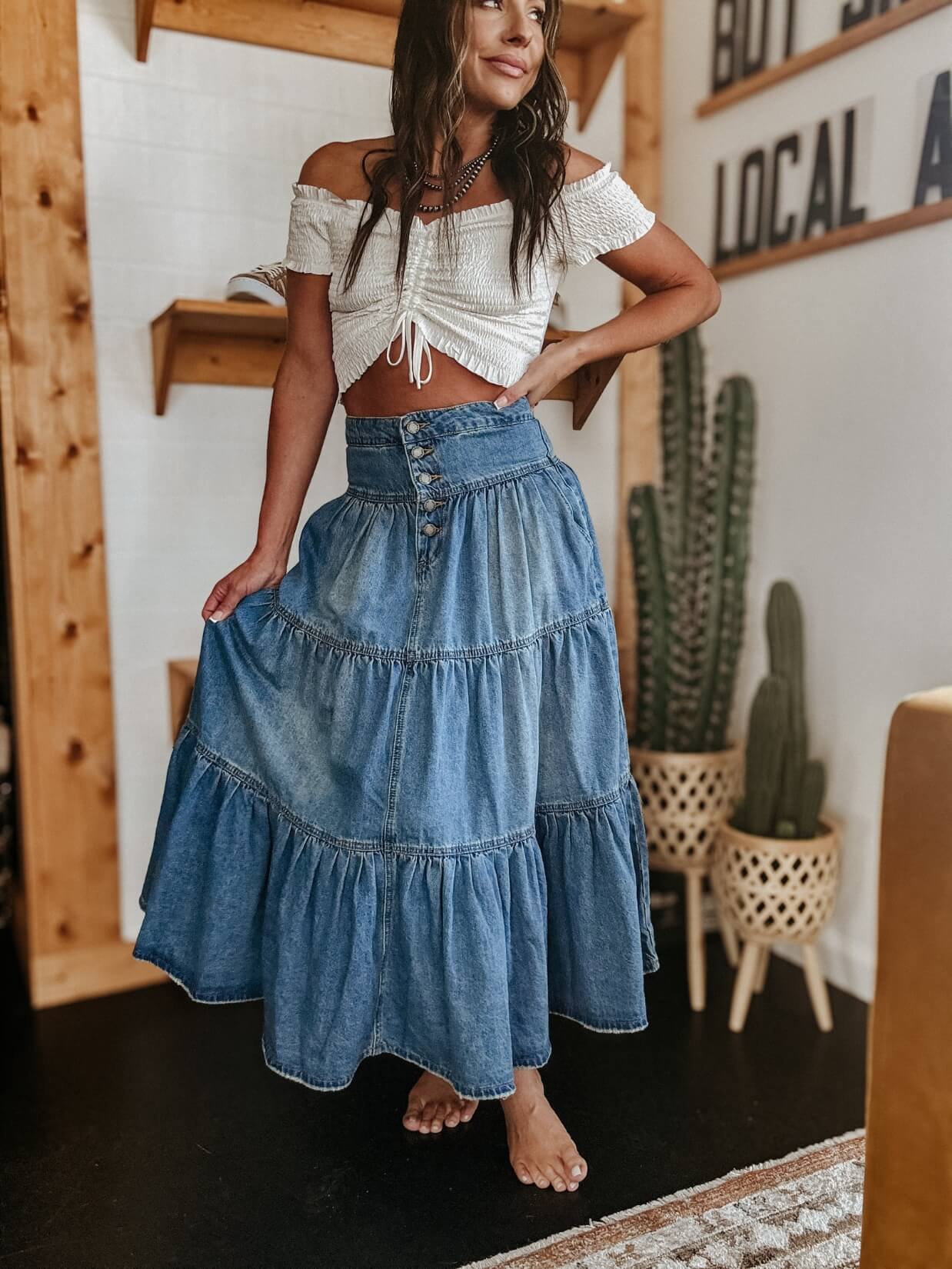 Cactus Rose Love Pleated Denim Maxi Skirt - Image 6