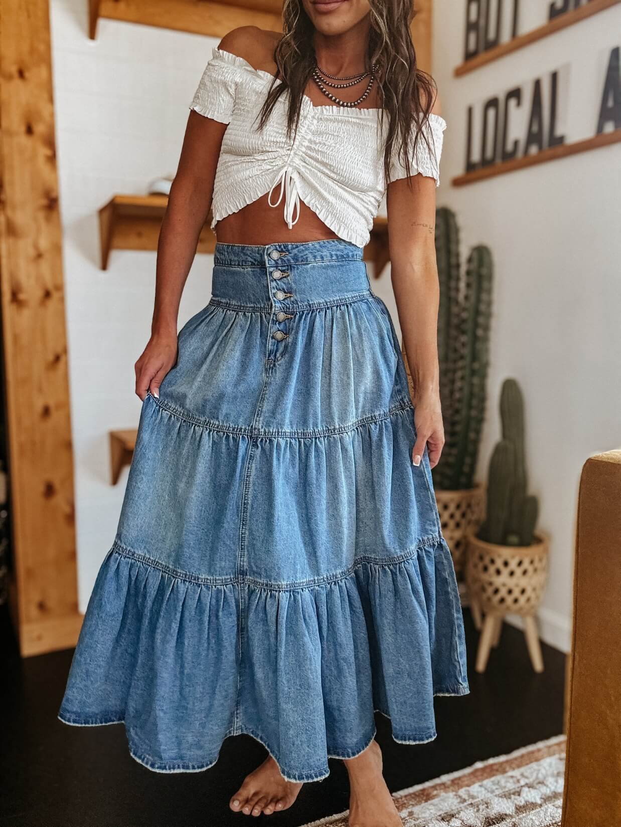 Cactus Rose Love Pleated Denim Maxi Skirt - Image 7